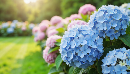 Hydrangea blooms in pastel colors at sunrise, serene garden beauty