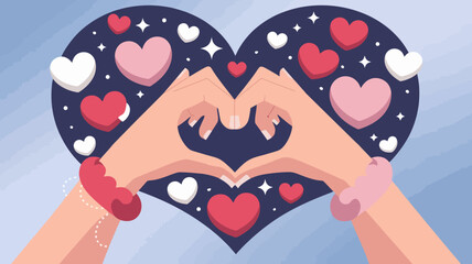 Fototapeta premium A flat vector artwork of two hands forming a heart shape, surrounded by floating hearts and subtle sparkles.