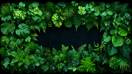 Lush green foliage frame, dark background, nature design, website banner