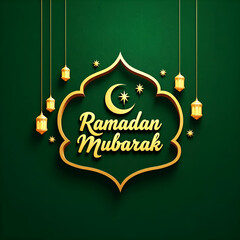 Ramadan Mubarak greeting card with lanterns and crescent on green background