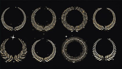 Sparkle star circle frame set. Wreath ring stardust border for party, birthday decor design. Laurel frame with, cosmic glitter shine. Isolated black flat perfect any project.
