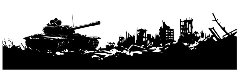 tank in post-apocalyptic city ruins black vector illustration