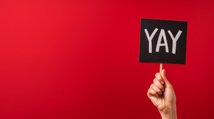 Hand holding a small black sign with the word yay written in white chalk, against a vibrant red background, symbolizing enthusiasm and excitement