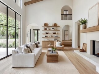 Contemporary twostory interior with open shelving, neutral tones, and stylish decor
