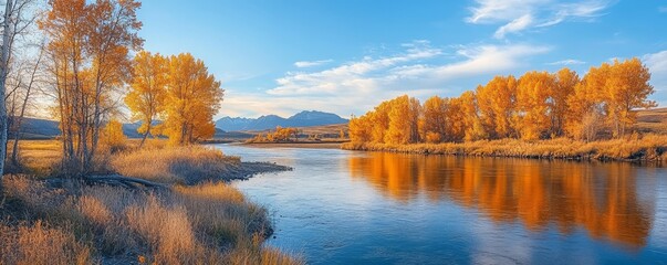 Fototapeta premium Golden Autumn Leaves Along a Quiet River, Generative AI