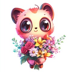 Naklejka premium Cute panda holding bouquet of flowers