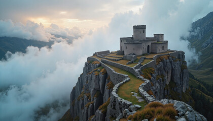 Fototapeta premium Majestic ancient monastery atop mountain peak, serene heritage