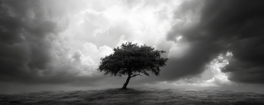 Solitary Tree Against a Dramatic Sky, Generative AI - Powered by Adobe