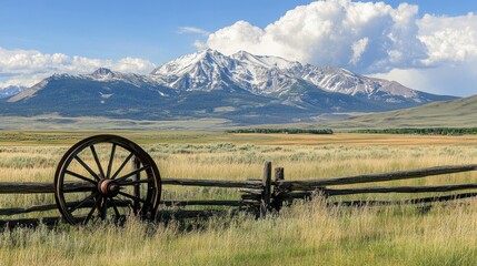 Fototapeta premium A stunning view of majestic mountains under a bright blue sky, with green grasslands and an old wooden wagon wheel in the foreground, evoking natural beauty.