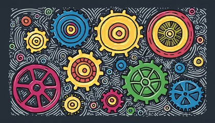 Hand drawn gear set. Doodle sketch style color gear mechanism. Concept of business idea, teamwork, progress background. Doodle cog perfect any project.