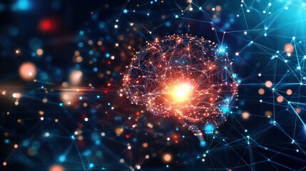 Obraz premium A stunning visualization of a brain formed by luminous interconnected nodes and sparks, representing complex neural networks and advanced technology.