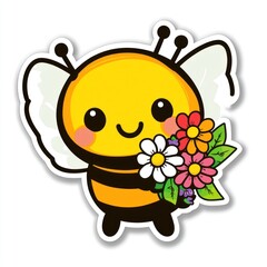 Obraz premium Cute bee holding flowers, cartoon sticker
