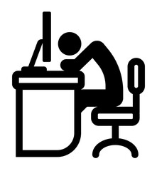 A black and white icon of a person slumped over a desk in front of a computer, appearing exhausted or frustrated.