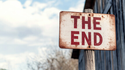 Rusty retro sign displaying The End conveys themes of finality and completion against a blurred backdrop of a cloudy sky and weathered wooden structure