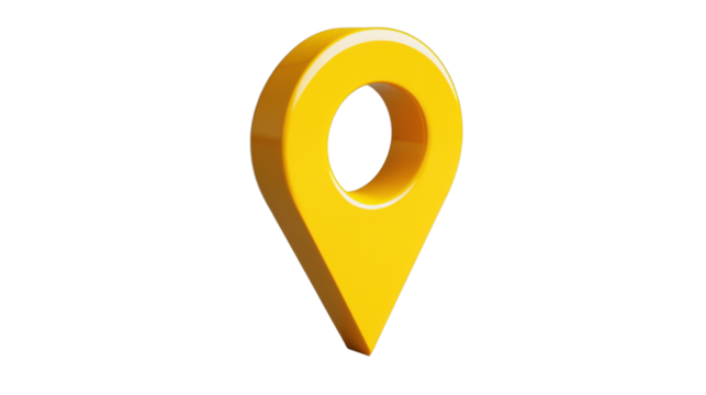 Yellow location pin showing the place on transparent background