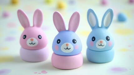 Obraz premium Three small plastic Easter bunnies with ears are adorably arranged on a table, adding a festive touch to the spring celebration.