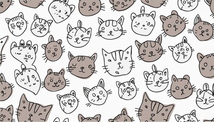 Cute cat face pattern seamless. Hand drawn sketch doodle kitty black face on white background. Cat footprint element. Cute pet pattern. perfect any project.