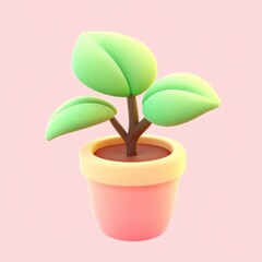 A cute, stylized potted plant with green leaves in a pastel-colored pot, set against a soft pink background.