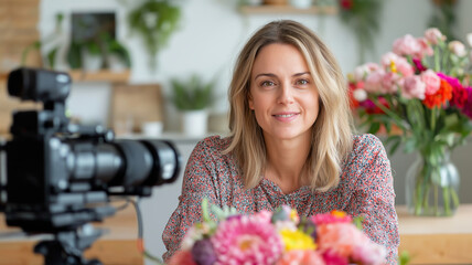 Professional florist arranging a bouquet of colorful flowers while recording a video tutorial for her online audience, building her brand through live content creation