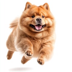 Obraz premium Happy Fluffy Chow Chow Dog Jumping Adorable Pet Canine Animal Photography Studio Shot White Background Playful Puppy Furry Friend Cute Dog Breed Red 