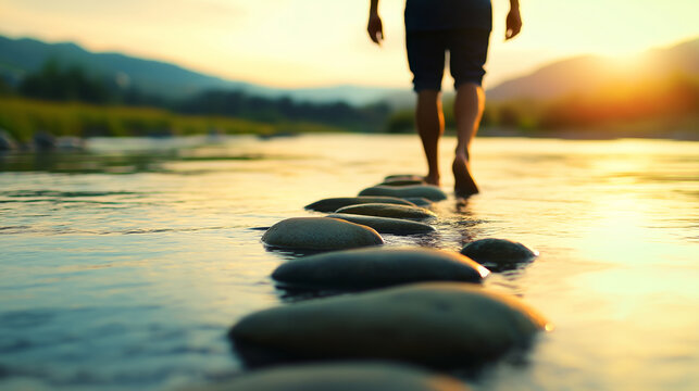 Man carefully crossing a river by walking on stones at sunset, embodying patience, self discovery and personal growth, searching for a new path