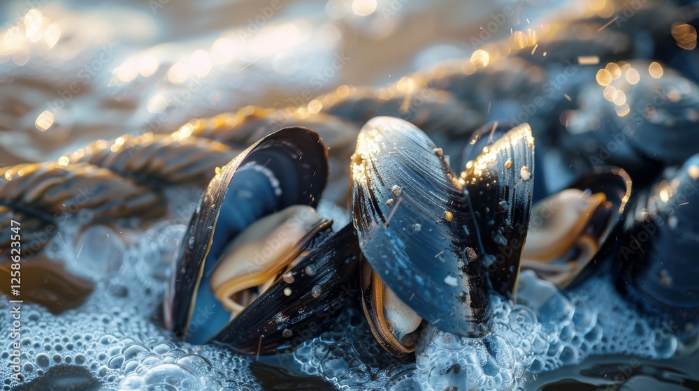 Poster mussels are seen clinging to a rope partially submerged in water, with gentle waves creating foam an