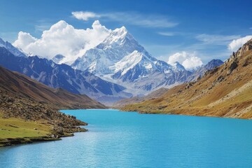 Obraz premium Scenic view of a serene lake reflecting majestic mountains under a clear blue sky in a tranquil landscape