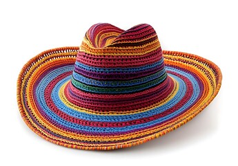 A sombrero with colorful stripes around the brim, isolated on a white background
