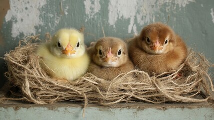 Three small chickens rest comfortably in a cozy nest, surrounded by soft bedding and a piece of rope for added security and warmth.
