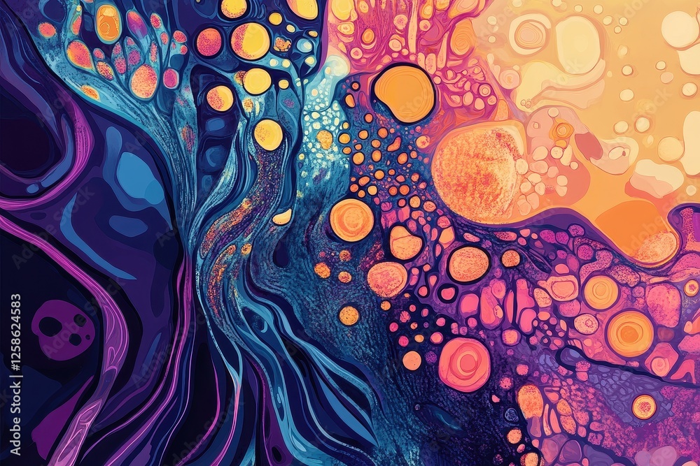 Poster colorful abstract design with swirling patterns and circular shapes creating a vibrant visual experi