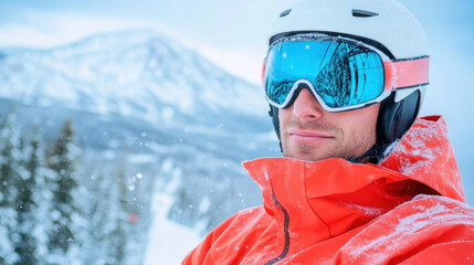 Young caucasian man in orange ski jacket with goggles enjoying snowy mountain adventure