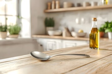 The iron spoon and olive oil on the wooden counter