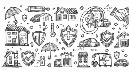 Insurance doodle icon set. Hand drawn sketch life shield, insurance umbrella, medical safety icon set. Health safety, car accident, house protect perfect any project.