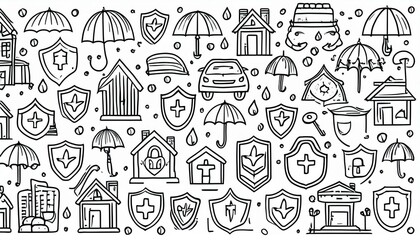 Insurance doodle icon set. Hand drawn sketch life shield, insurance umbrella, medical safety icon set. Health safety, car accident, house protect perfect any project.