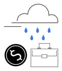 Cloud releasing raindrops near a dollar coin and briefcase symbolizes finance, investment risks, success strategies, saving, wealth management, entrepreneurship, abstract line flat metaphor
