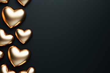Fototapeta premium Shimmering golden hearts cascade against a dark background, creating a romantic and elegant visual perfect for celebrations or heartfelt messages.