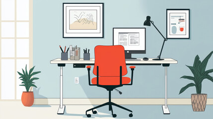 Fototapeta premium Modern home office setup with red chair and desk accessories in bright room