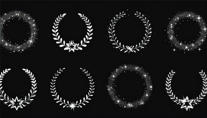 Star circle frame set. Wreath round stardust border for party, birthday decor design. Laurel frame with, cosmic glitter shine. Isolated black flat perfect any project.