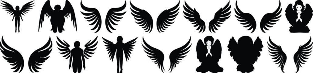 Angel silhouettes set, wing pack of vector silhouette design, isolated background