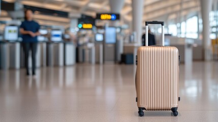 Fototapeta premium A sleek suitcase stands in an airport terminal, with blurred travelers and check-in counters in the background, emphasizing the modern travel experience.