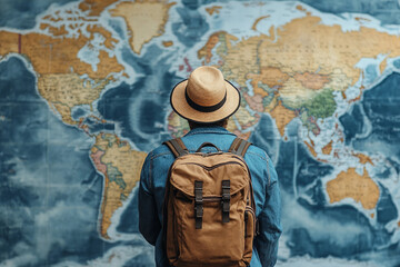 Back view of a traveler wearing a hat and backpack, looking at a large world map generative AI
