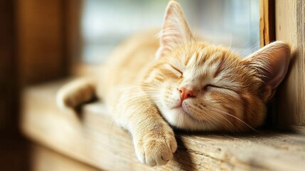 A peaceful ginger cat sleeps contentedly on a wooden windowsill, basking in the warm sunlight.