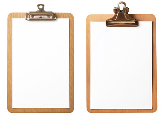 Set of a White blank paper on a wooden clipboard, isolated on white background.