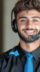 Smiling Young Businessman Wearing Headset in Close Up Portrait