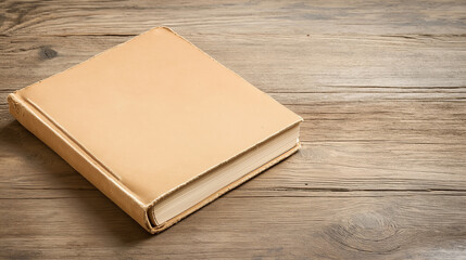 Fototapeta premium Closed leather-bound journal lies on a rustic wooden table, its blank cover inviting stories to be written and memories to be preserved, creating a tranquil and inspiring atmosphere