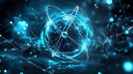 A vibrant and dynamic representation of atomic structure, showcasing a blue glowing atom with energy waves and particles in a high-tech environment.