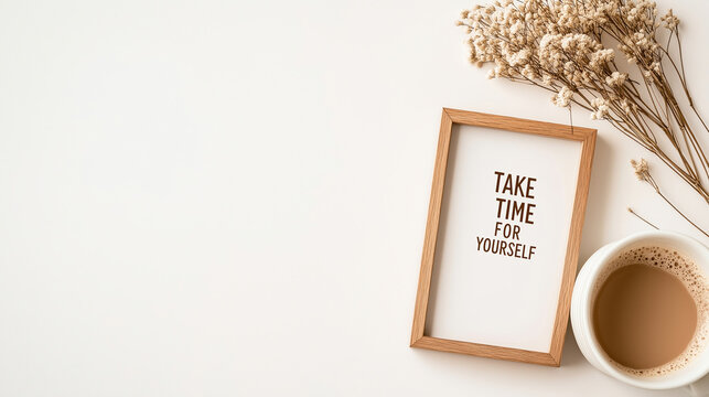 Serene flat lay composition featuring a wooden-framed inspirational quote, take time for yourself, alongside a dried flower bouquet and a comforting cup of coffee