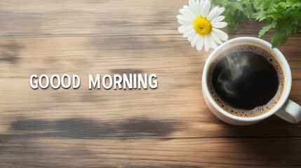 Flat lay of steaming coffee cup and good morning lettering greeting on wooden table with daisy...