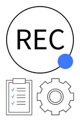REC recording indicator with blue dot, checklist with checkmarks, and gear icon. Ideal for workflows, productivity, recording, planning, task management, automation communication abstract line flat