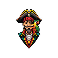 Create a vintage cartoon illustration of a swashbuckling pirate captain, one-eyed, with a weathered face, tattered clothes, and a jolly roger.